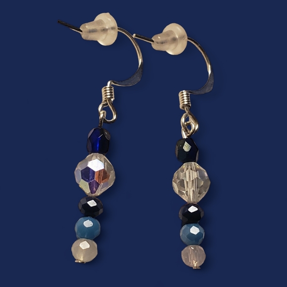 Tiny Blue, Black & Crystal Beaded Hand Crafted Drop Earrings - Picture 3 of 6